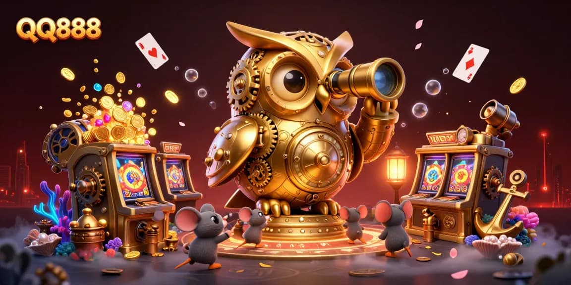 Experience the exciting QQ888 gaming environment with owl characters and slot machines amidst gold coins.