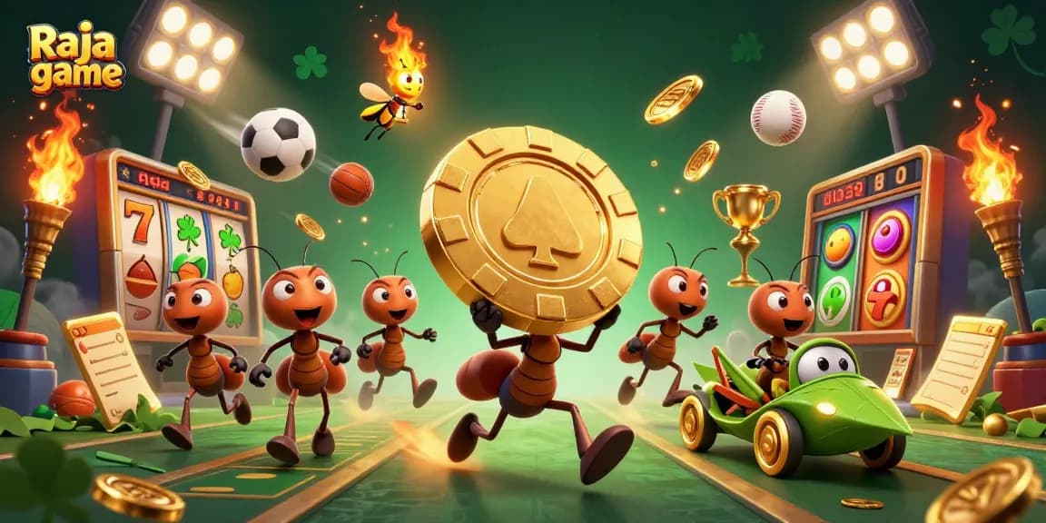 Play exciting games on Raja game while cartoon ants carry a giant poker chip in a lively casino.