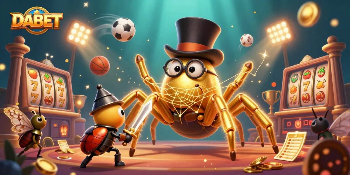 DABET showcases a vibrant casino scene with a golden tarantula and beetle knight amidst slot reels and dynamic sports elements.