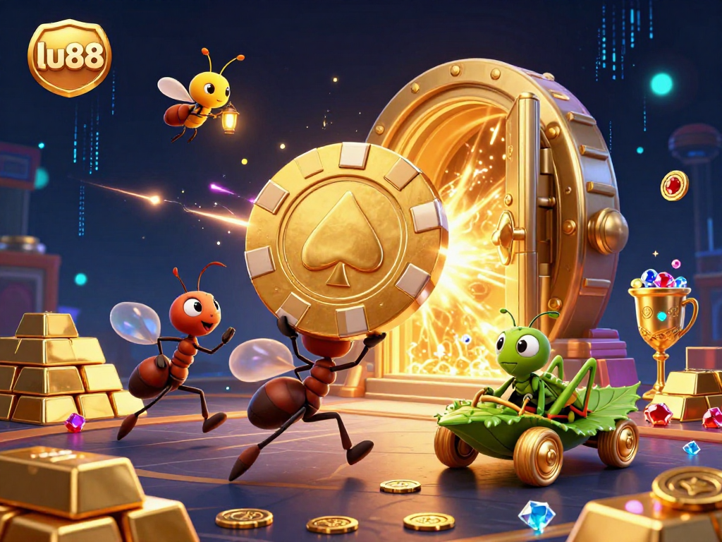 Join the lu88 heist as ants carry a giant poker chip through a vibrant casino tunnel.
