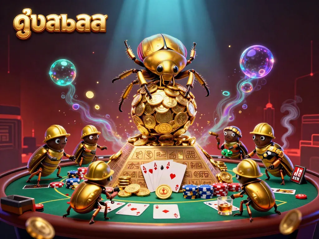 Experience high-quality ดูบอลสด with a dynamic 3D illustration featuring golden beetles and casino symbols.