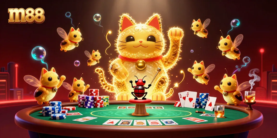 Engage in thrilling m88 gameplay with vibrant visuals, golden fireflies, and poker excitement.