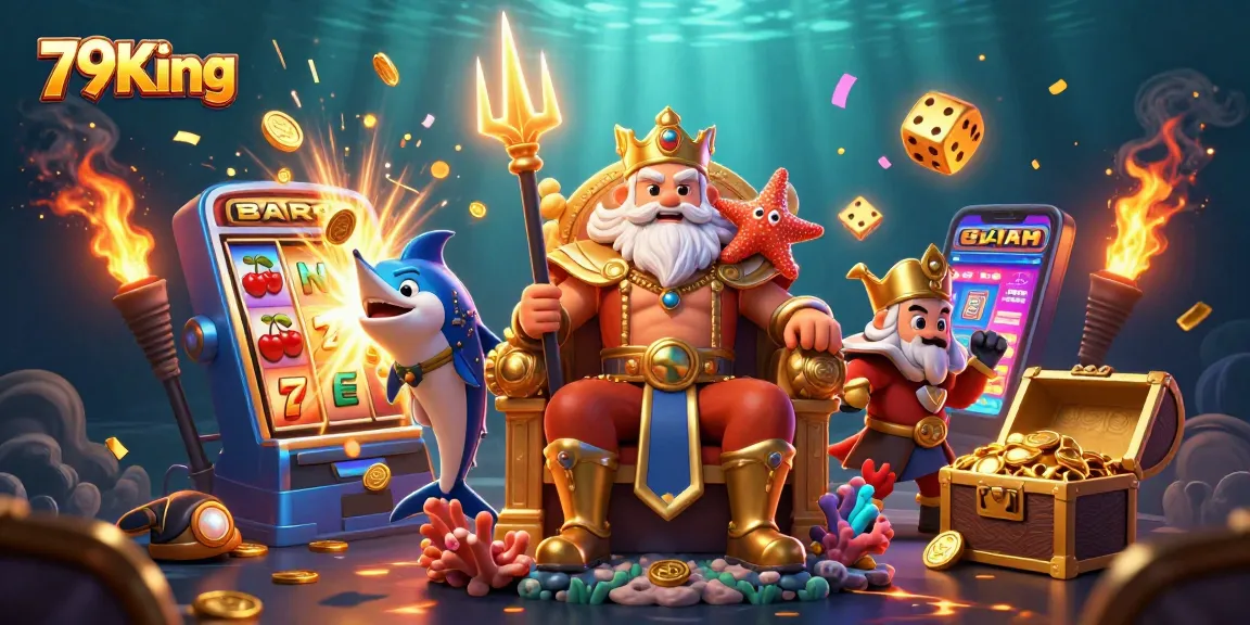 Spin to win at 79King with the sea king Neptune in a vibrant casino scene.