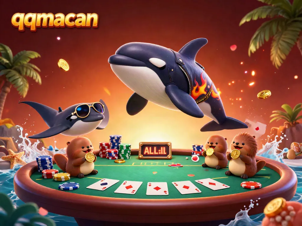 Experience thrilling action with qqmacan as sea creatures float amidst extravagant poker chaos.