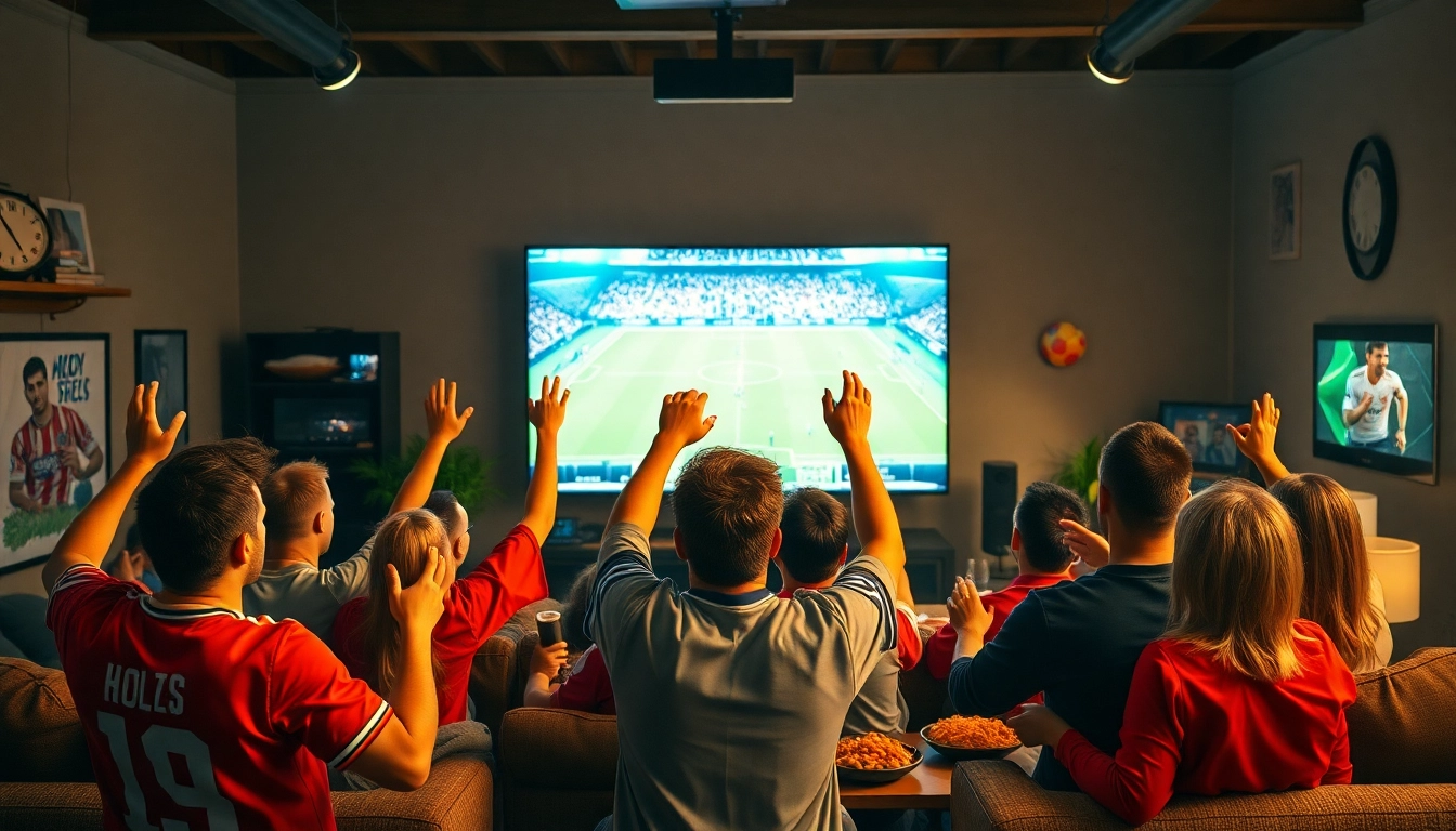 Nonton bola dengan penonton antusias menikmati pertandingan langsung di ruang tamu.
