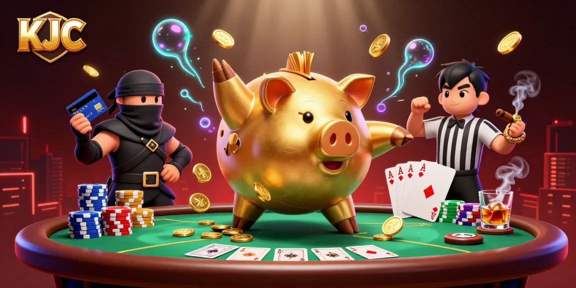 Experience exciting poker moments with KJC's unique gaming characters in this vibrant illustration.
