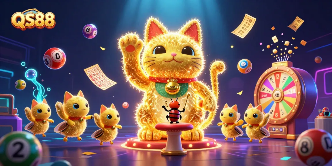 Engage with QS88's vibrant casino world featuring a lucky cat, golden lottery elements, and dynamic game displays.