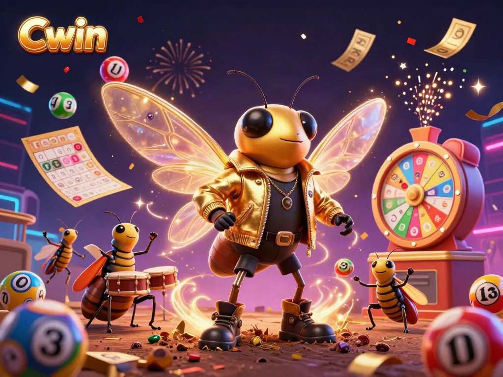 Cwin energizes the lottery experience with a vibrant 3D celebration scene of a cicada rock star and friends.