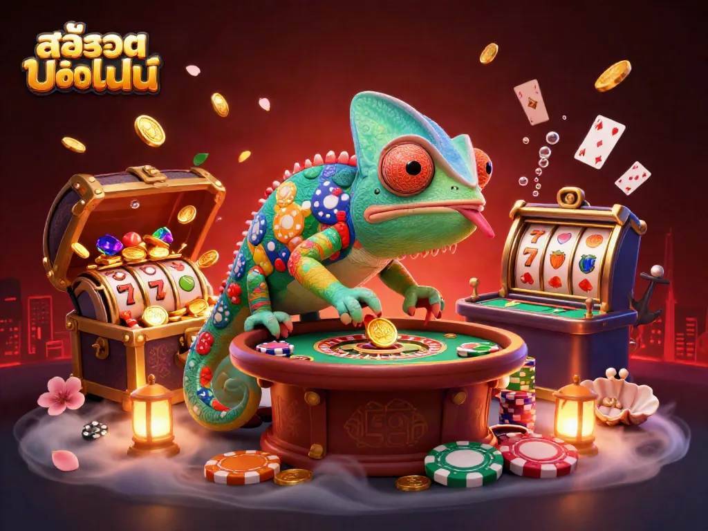 Experience thrilling สล็อตออนไลน์ action with a chameleon casino owner collecting coins amidst vibrant gaming elements.