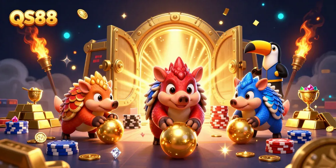 Bowling pangolins in QS88 casino scene with vibrant golden treasures and dynamic effects.