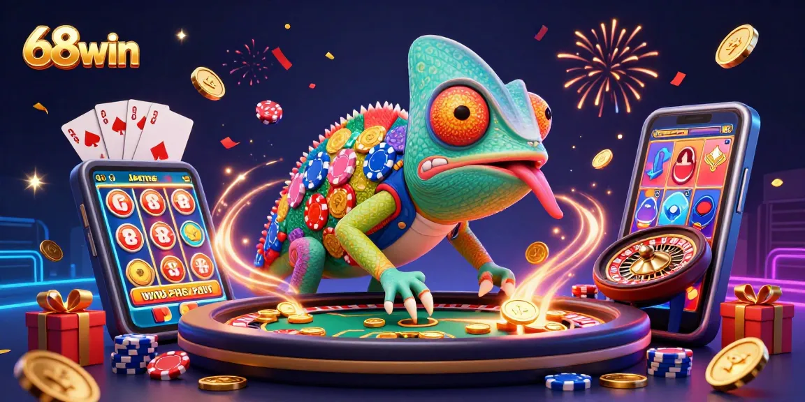 68win captures thrilling casino adventures with vibrant chameleon owner amidst gaming excitement.