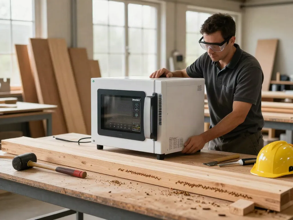 Technician using SHASHEL® microwave equipment to treat woodworm in a bright workshop.