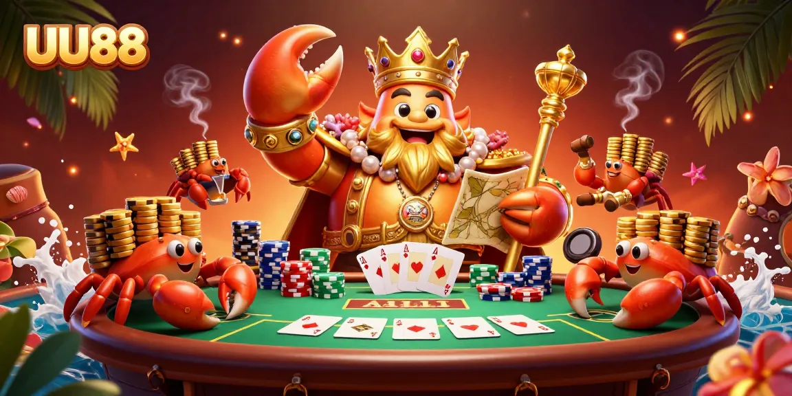 Experience thrilling gaming action at UU88 with a vibrant 3D illustration of a golden crab emperor amidst poker elements.