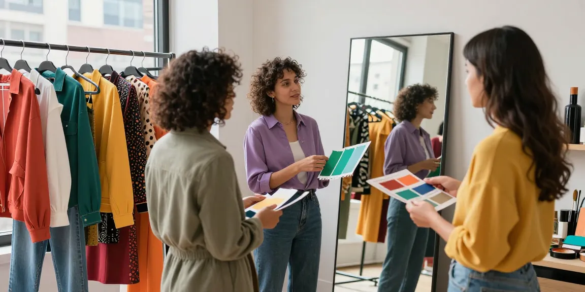 Consulenza d'immagine Milano: consulente mostra al cliente colori e outfit personalizzati.