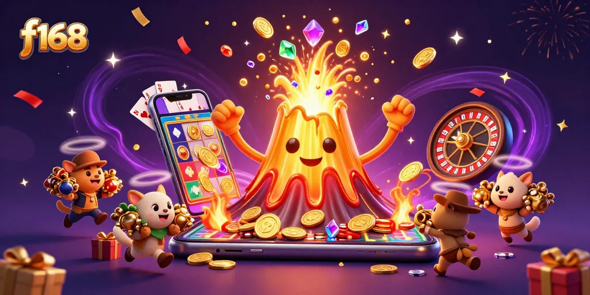 Experience the excitement of f168 with a golden volcano erupting treasures amidst vibrant casino elements.