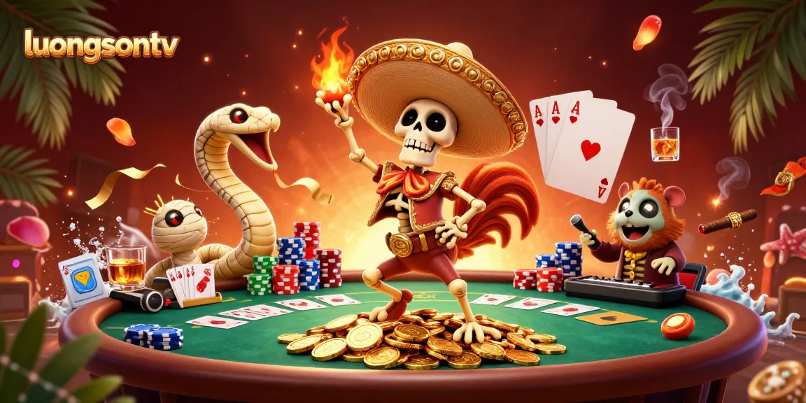 Experience luongsontv's vibrant casino atmosphere with a colorful victory dance and poker elements.