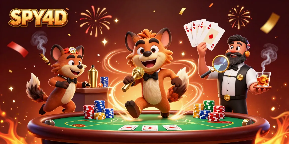 SPY4D menghibur penonton dengan kasino komedi, bartender mencampurkan minuman, dan pengaman memeriksa ID.