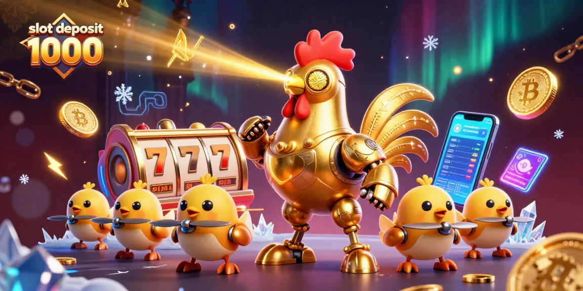 Slot deposit 1000 memberi kesempatan menang dengan simbol jackpot dan koin cryptocurrency 3D.
