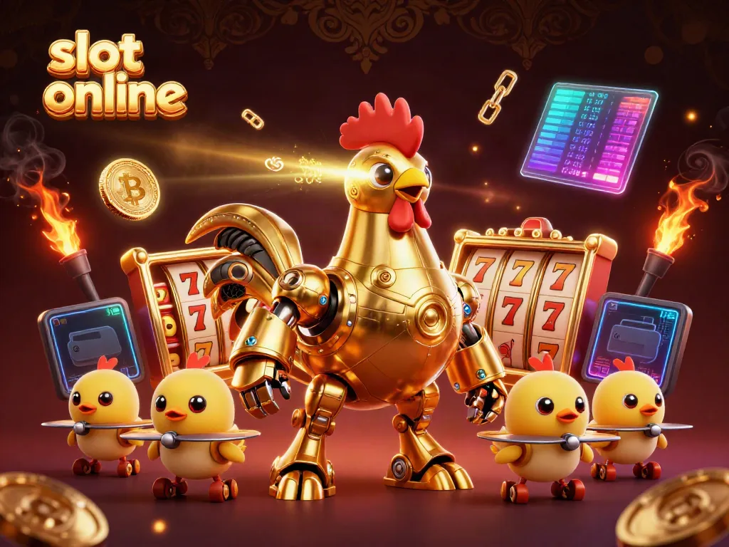Experience the thrill of slot online games with a futuristic golden rooster and baby chick drones.