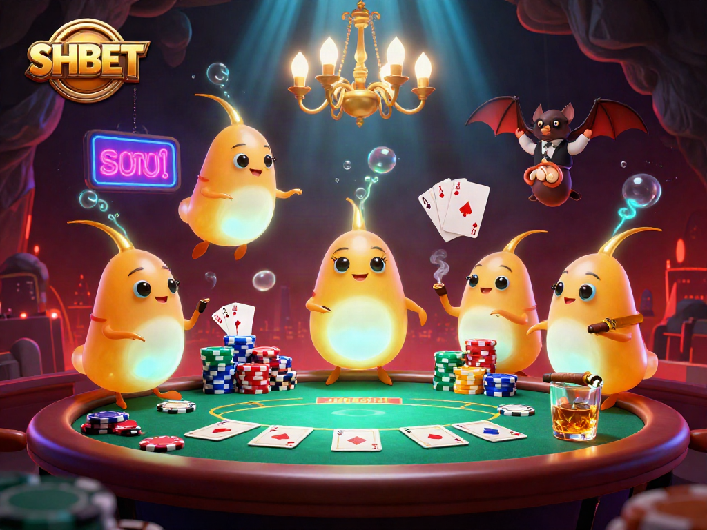 Experience the exciting SHBET casino ambiance with glowing characters in a vibrant poker scene.