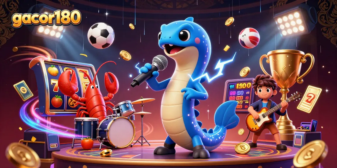 Gacor180 menampilkan kura-kura elektrik sebagai DJ dengan lampu neon sambil bermain game slot di kasino bawah laut.