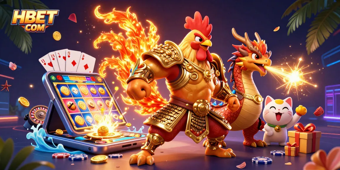 Experience gaming excitement with HBET COM; a vibrant illustration showcasing a rooster warrior, dragon hatchling, and casino elements.