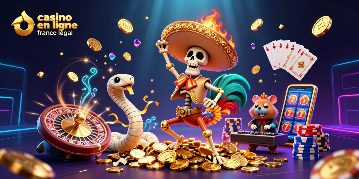 Scène de casino en ligne france légal avec un rooster mariachi, une serpente momie et un DJ hamster dans un décor festif.