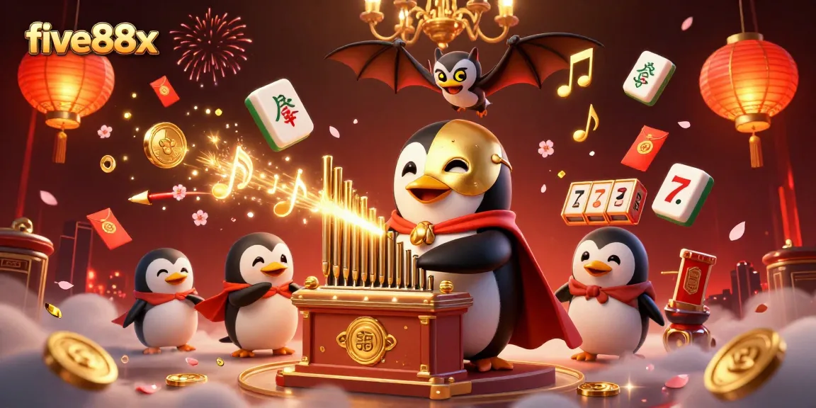 Play at five88x with a vibrant illustration of a penguin, coins, and slot machines in action.