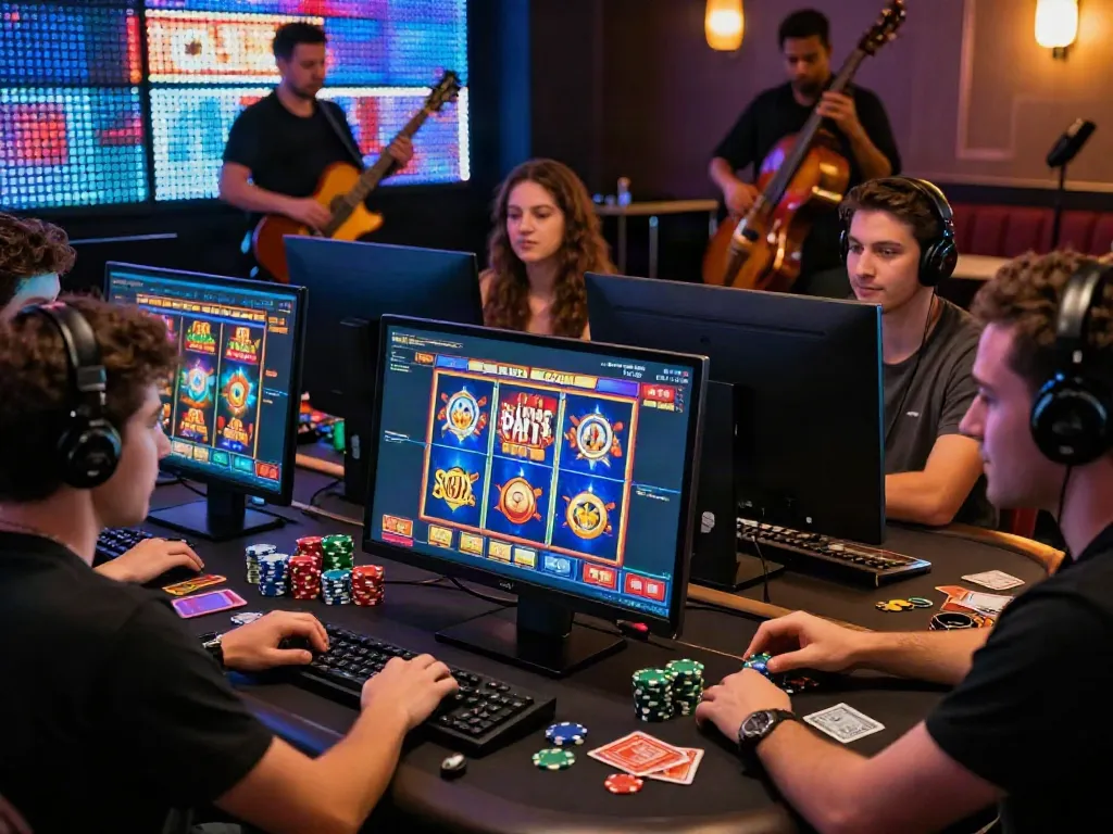 Exciting players enjoying slot online games in a lively casino setting.