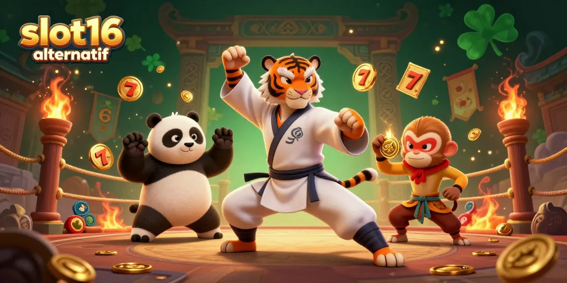 Experience slot16 alternatif in a vibrant, dynamic casino scene with a kung fu tiger and panda disciples.
