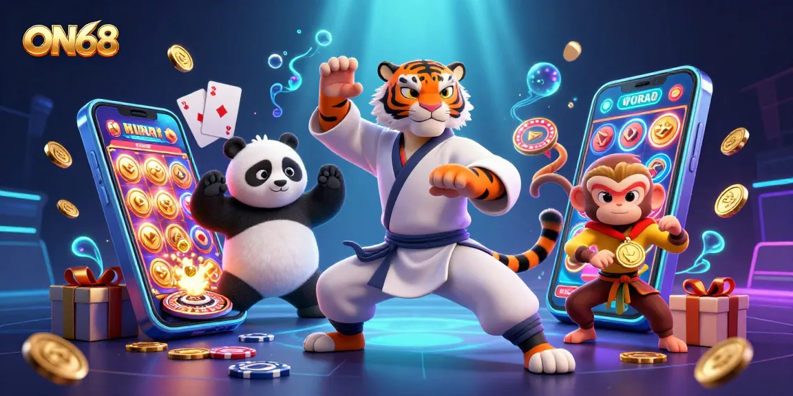 Engage with ON68's vibrant gaming scene featuring a playful kung fu tiger, panda, and monkey amid dynamic casino elements.
