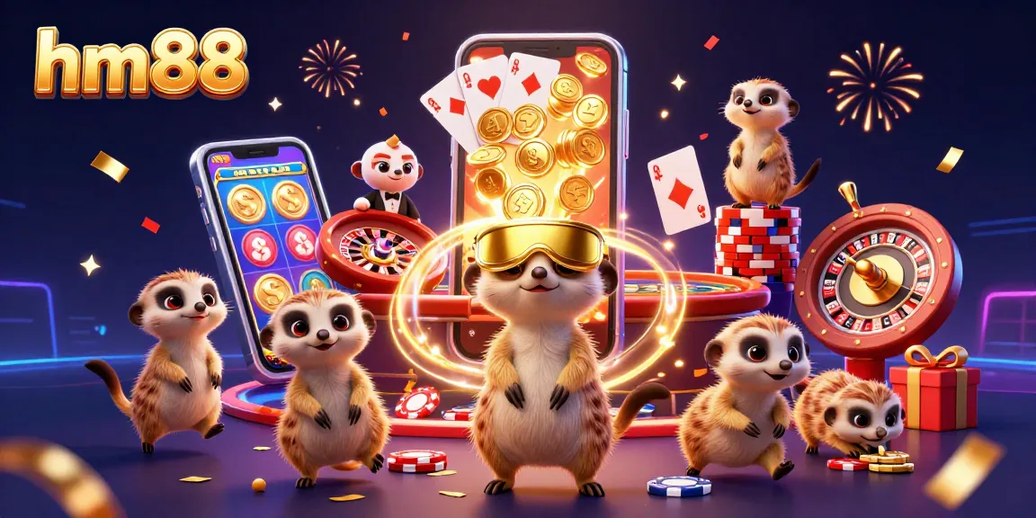 Experience the excitement of hm88 with meerkats running a lively casino, showcasing slot games and festive elements.