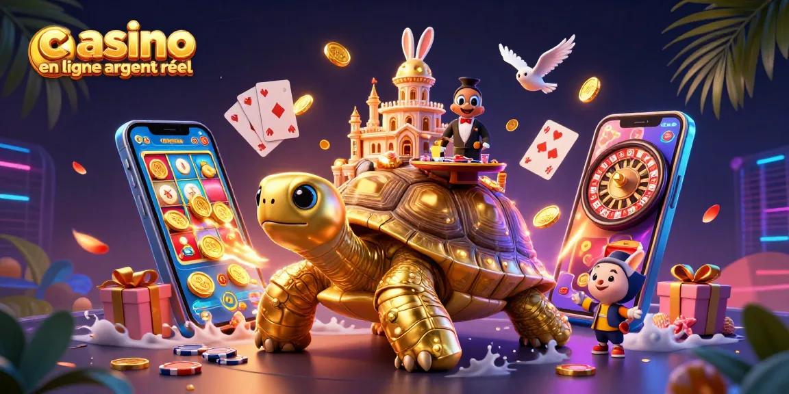 Jouez au casino en ligne argent réel avec une tortue d'or géante et des éléments de jeu colorés.