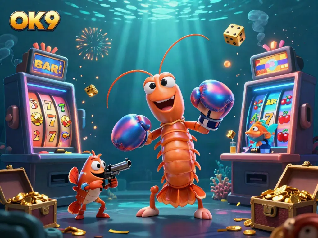 Experience OK9's vibrant underwater casino scene, featuring fantastical shrimp characters among bursting slot machines.