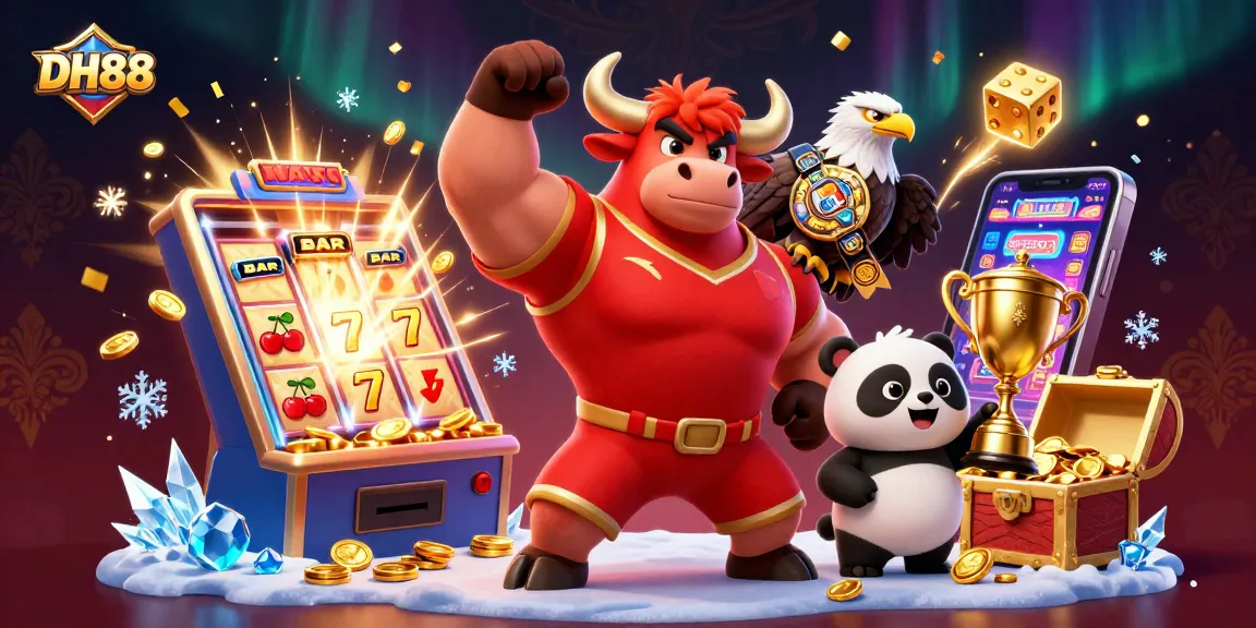DH88 wins big at the casino, with a bull, eagle, and panda celebrating a jackpot explosion!