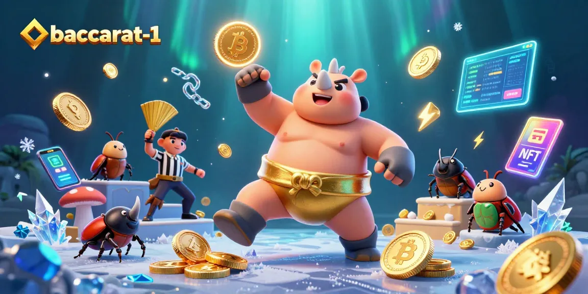 Experience exciting baccarat-1 gameplay with a 3D rhinoceros beetle champion amidst dazzling coins.
