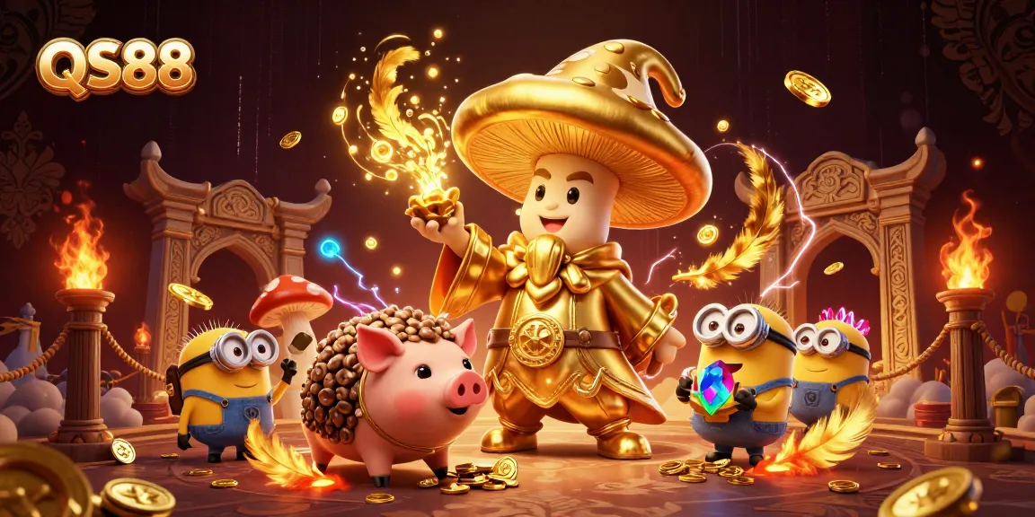 QS88 offers an enchanting view of a golden wizard casting treasure magic in a vibrant casino setting.