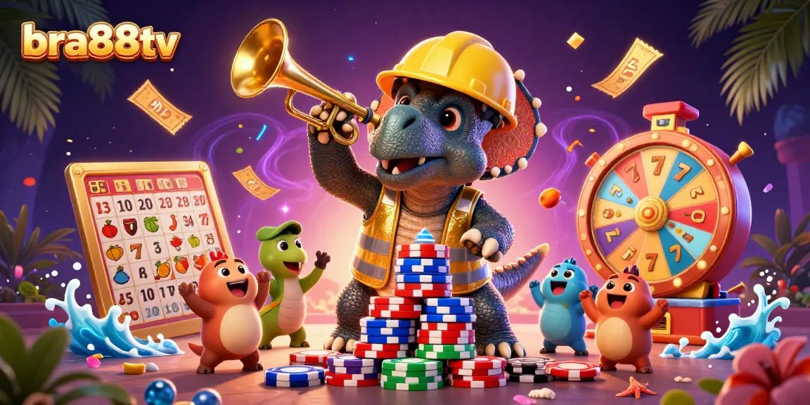 bra88tv's vibrant illustration showcases a triceratops building poker chip pyramids amidst dynamic gaming elements.