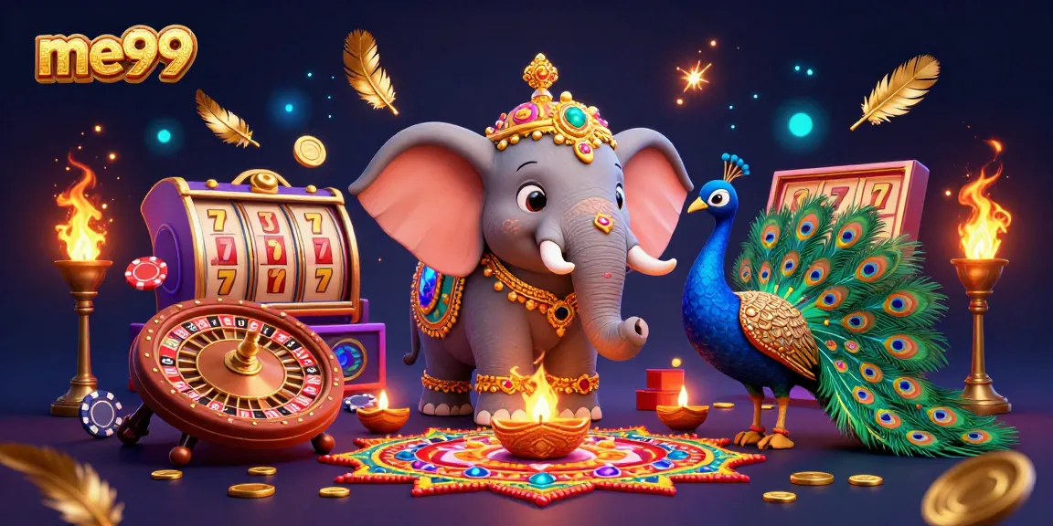 Experience the thrill of me99 with this vibrant 3D casino scene featuring an elephant and peacock amidst dynamic game elements.