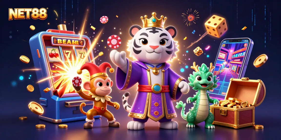 NET88 showcases a vibrant 3D illustration of a royal tiger, playful monkey, and jade dragon in a bustling casino scene.