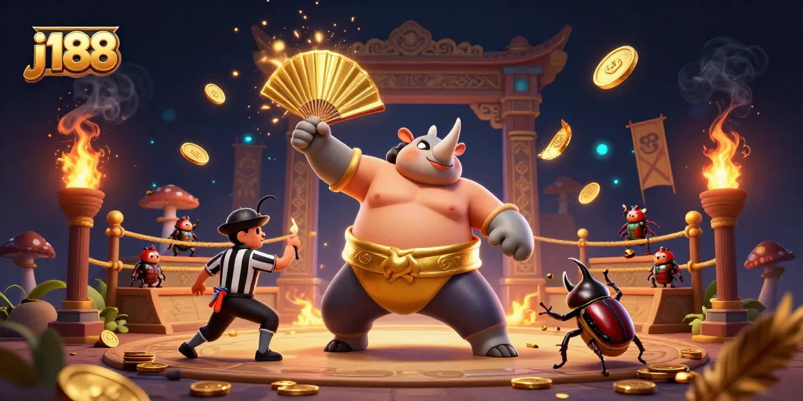 Experience the excitement of j188 with a dramatic battle scene featuring a beetle champion and referee.
