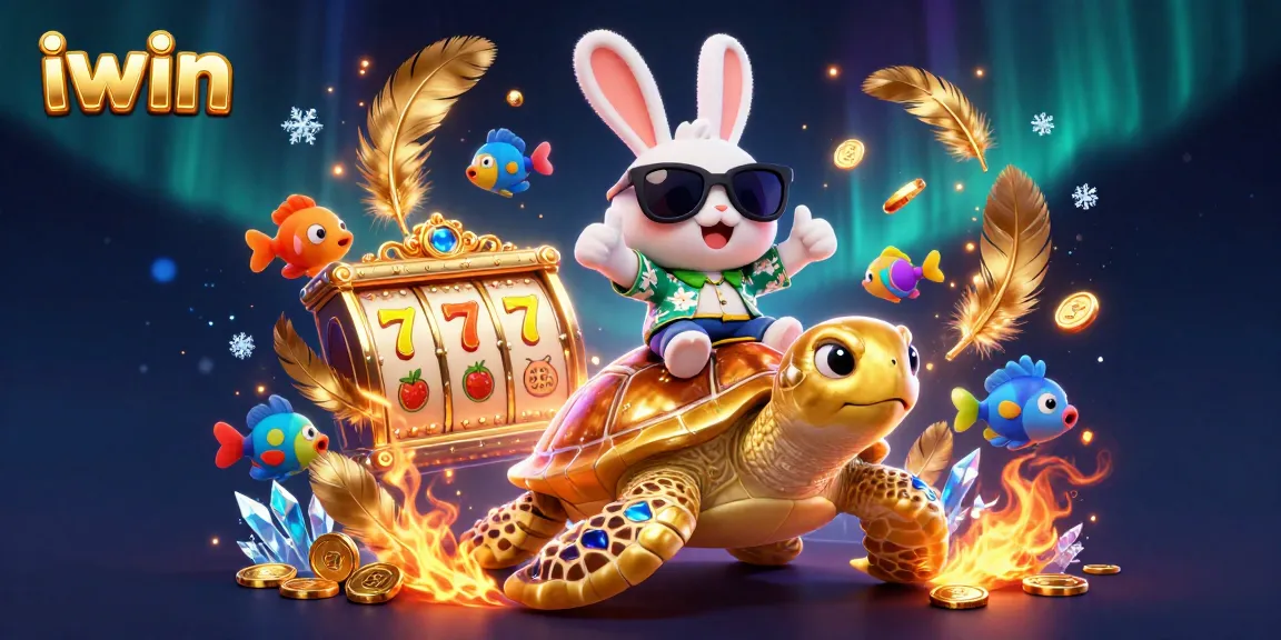 Spin to win with iwin's lively illustration featuring a lucky rabbit and golden turtle, showcasing vibrant slot elements.