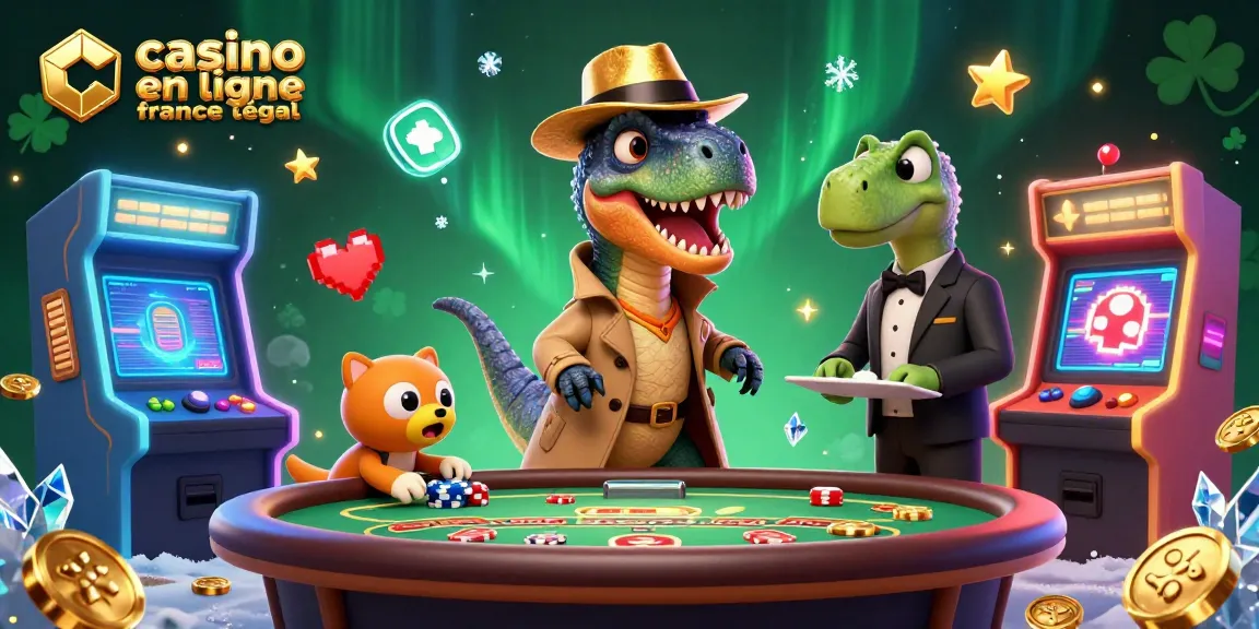 Une illustration de casino en ligne France légal, mettant en avant un vélociraptor en trench-coat au blackjack, entouré de pièces et machines colorées.