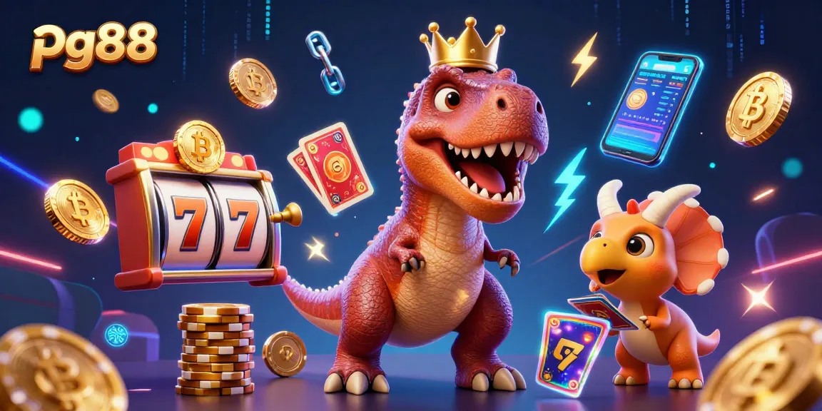 Engage with pg88 in a vibrant casino scene featuring a T-Rex, cards, and neon coins.