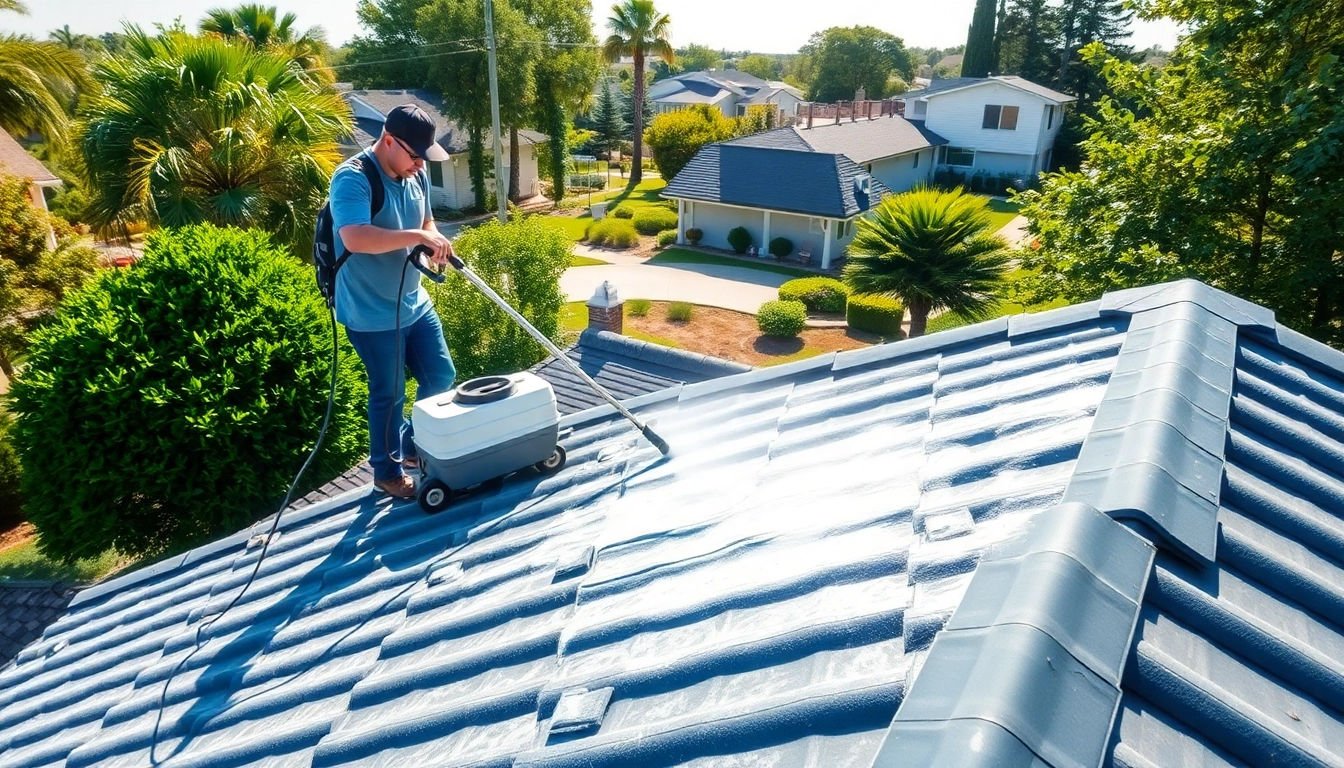 Engaged technician performing roof cleaning on a suburban home, showcasing professionalism and care.
