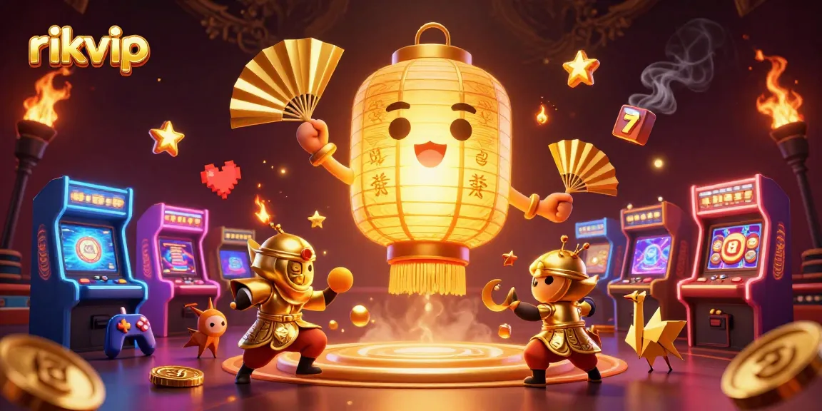 Engage with rikvip's vibrant casino wonderland featuring golden spirits, arcade fun, and dynamic gaming elements.