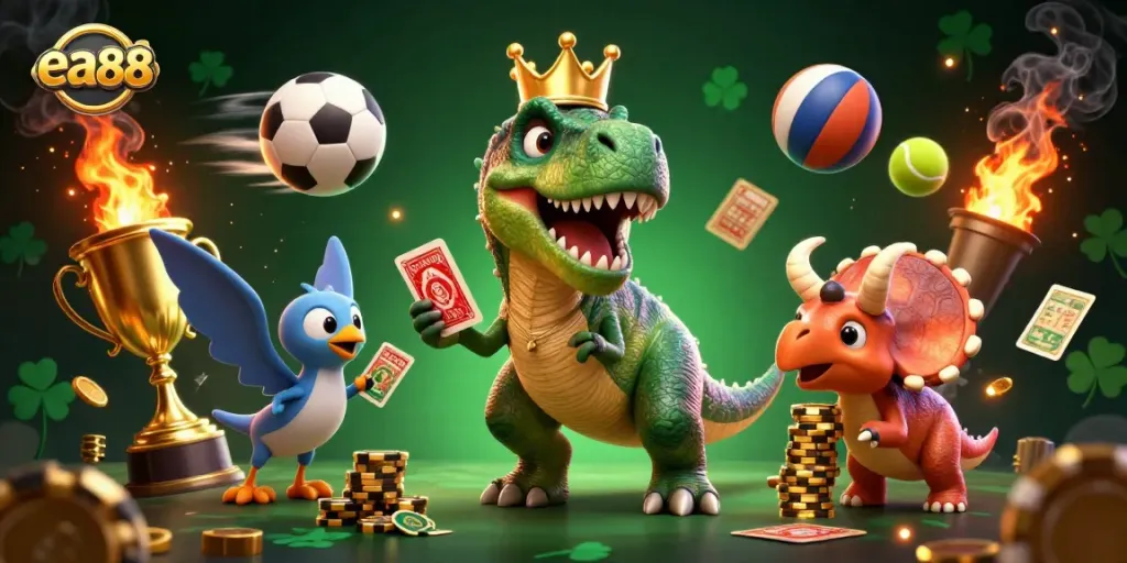 ea88 tham gia vào các hoạt động chơi game sôi động với T-Rex, pterodactyl và triceratops.