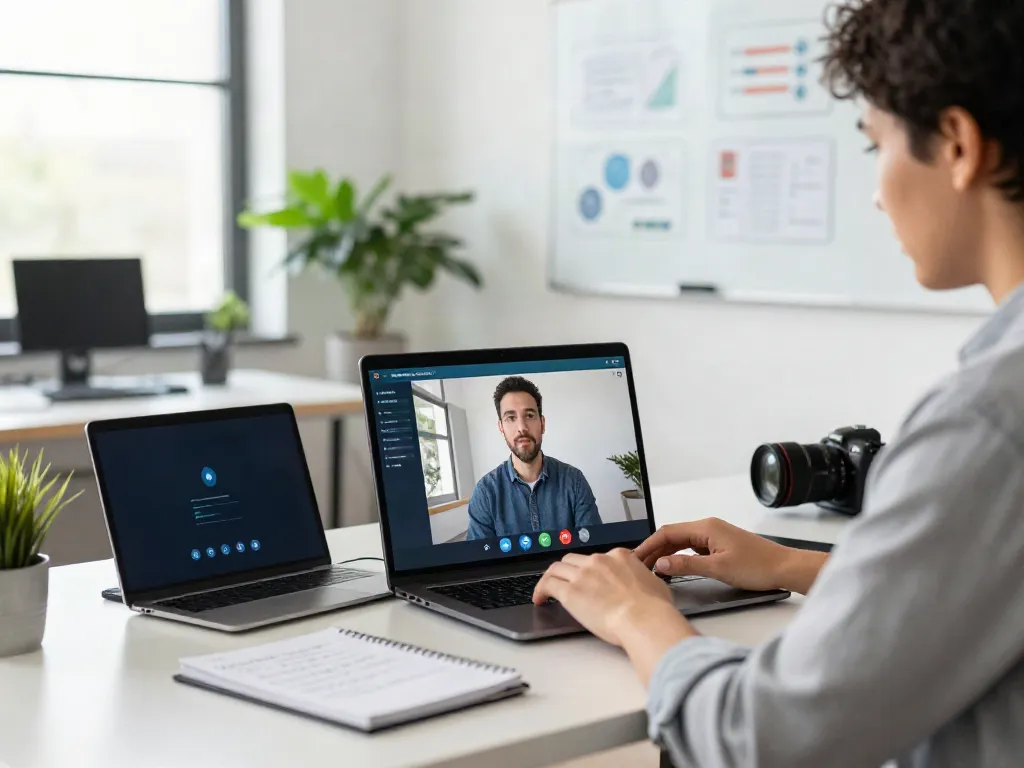 Deepfake protected Online Video Calls with a professional securing video conferencing from a modern workspace.