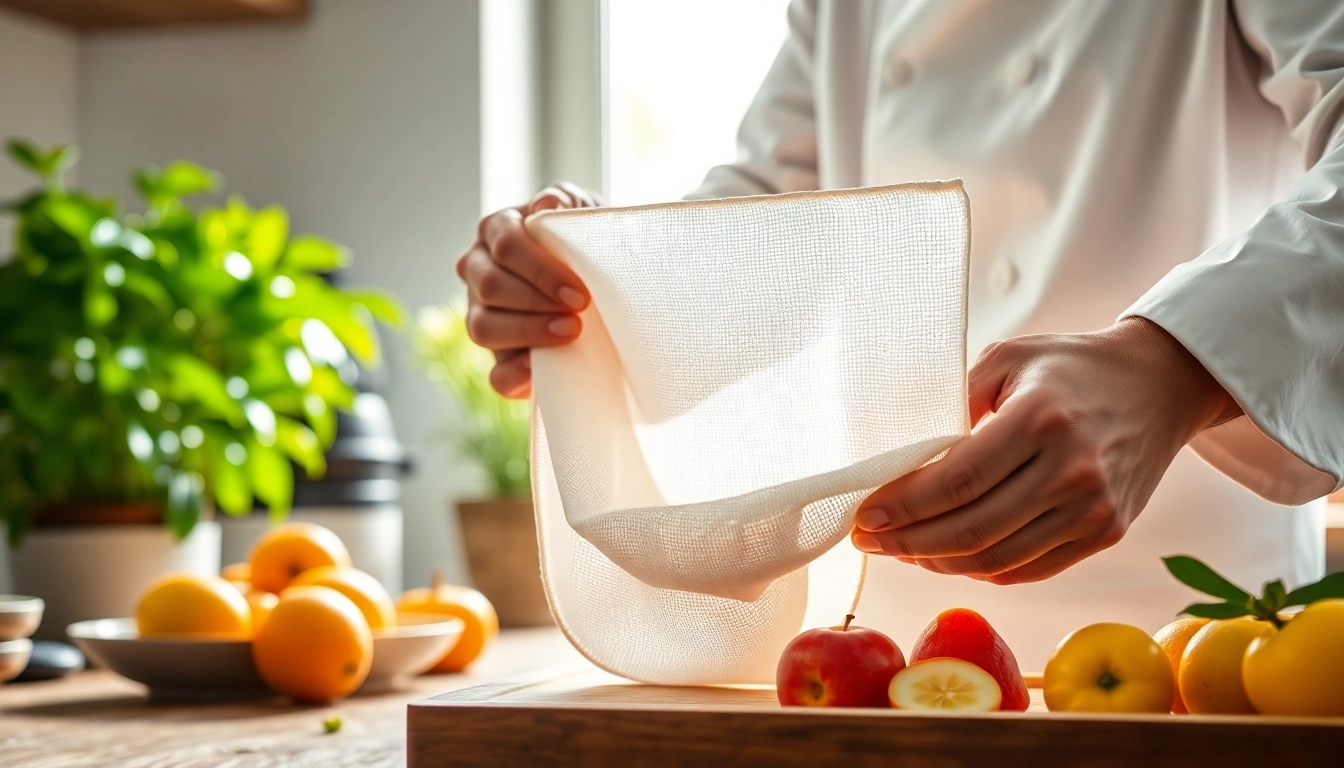 Gebruik passeerdoek per meter om vers sap te persen in een professionele keuken.