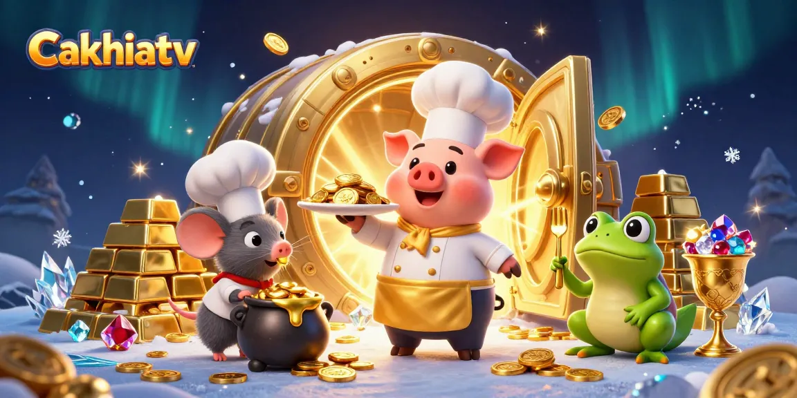 Cakhiatv showcases thrilling moments with a chef pig, mouse, and frog amidst sparkling gold coins.